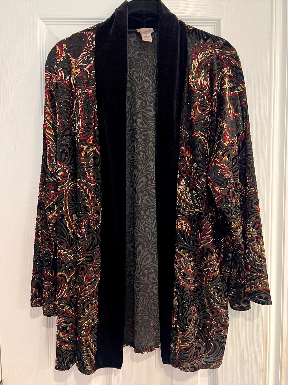 Velvet Burnout Kimono Chico’s Open Front Black Paisley Red Cardigan Jacket XL